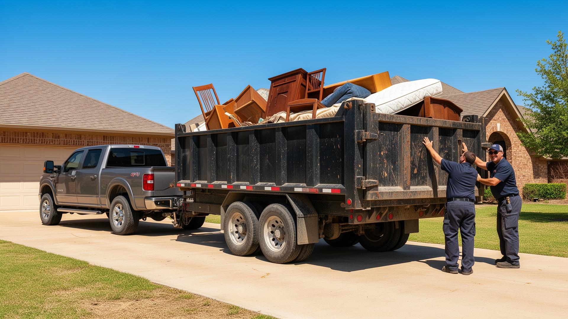 Junk removal truck loading furniture from an Owasso garage